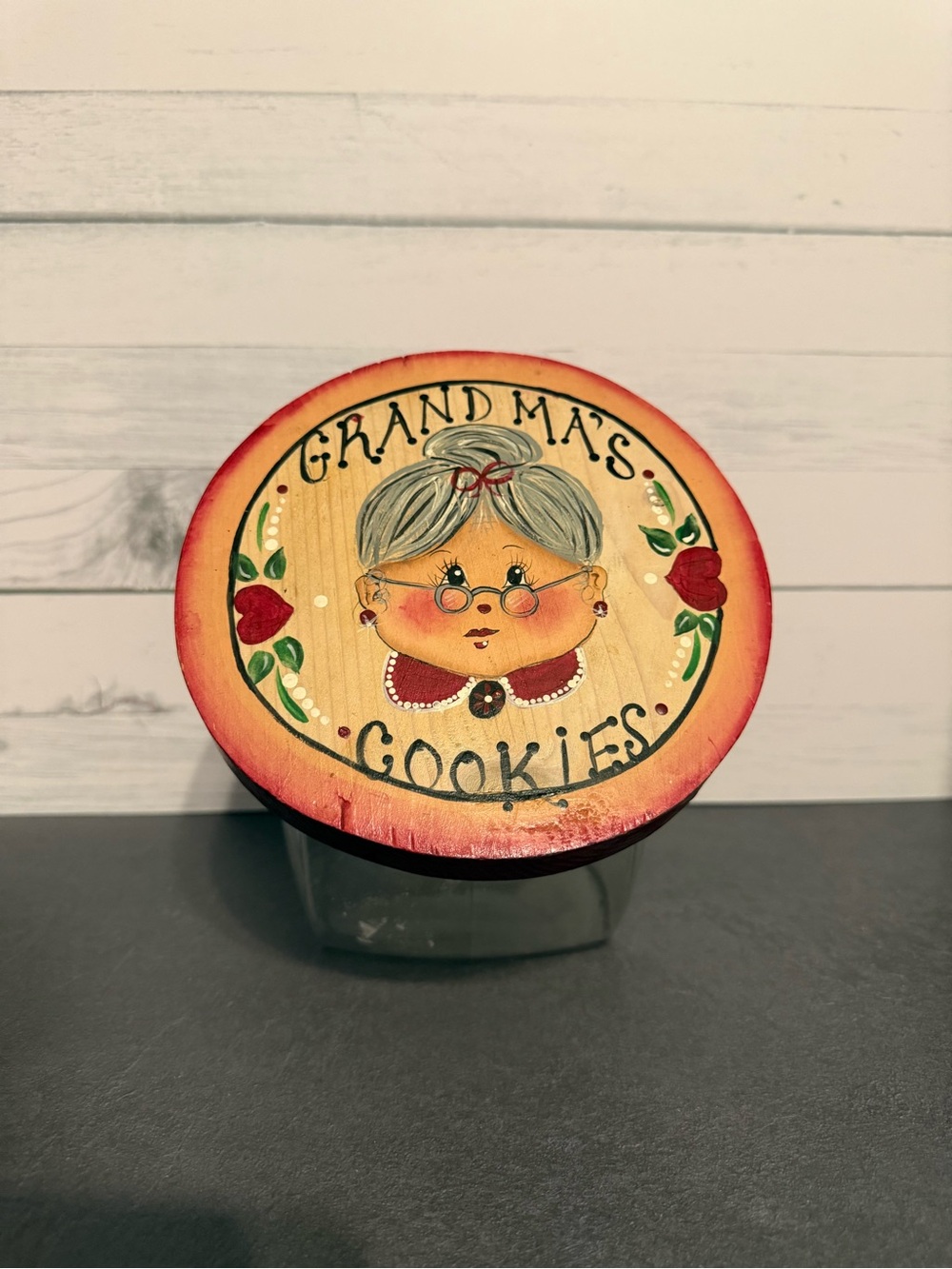 Grandma Cookie Jar Lid Decorative Kitchen Accent - Red and Cream